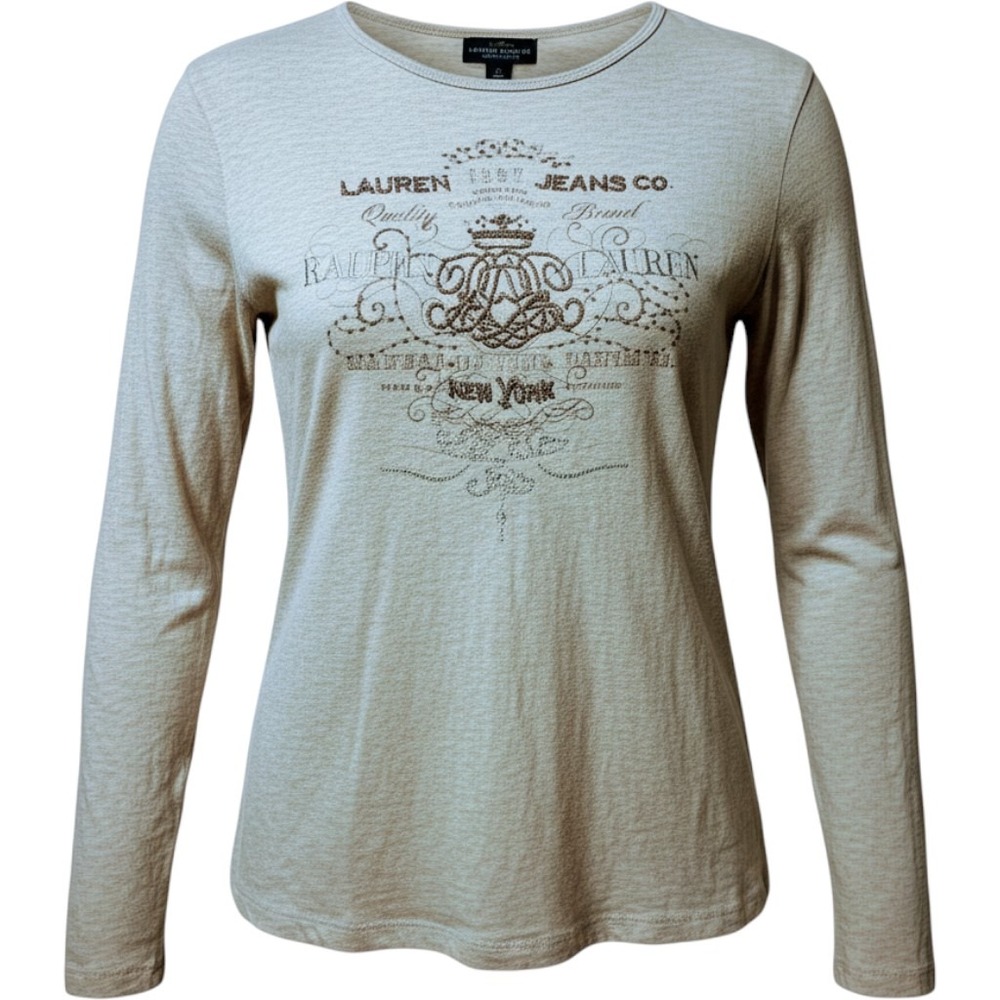 Lauren Ralph Lauren Top Womens 2X Tan Beaded Graphic Tee Preppy Y2K Long Sleeve